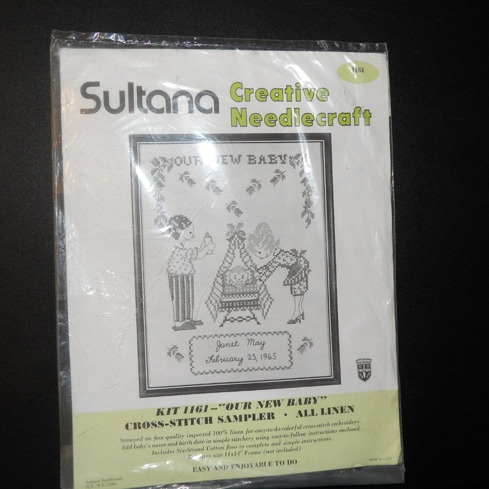 Our Baby Vintage Stamped Linen Cross Stitch Kit Sultana NIP 10x13 Birth Record